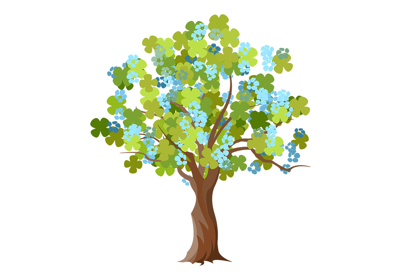 Plant, flowering tree vector graphic. A stylized illustration of a tree depicted in full bloom, with a substantial canopy of leaves and clusters of small, delicate blue flowers vector graphic. Vector graphic with CC0 license, best for a variety of projects, including designs, animations, and more.