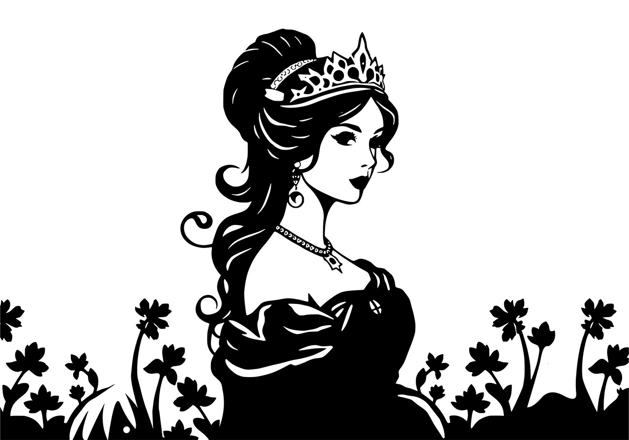Princess clip art vector graphic. Princess, queen line art vector graphic. Black and white clip art of a princess, cartoon character vector graphic. Vector graphic with CC0 license, best for a variety of projects, including designs, animations, and more.