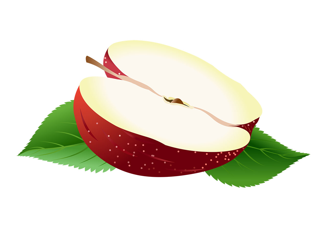 Ripe apple, fruits vector graphic. Ripe, red apple with green leaves vector graphic. Fruits with leaves vector graphic. A halved apple, cut horizontally, revealing its interior vector graphic. Vector graphic with CC0 license, best for a variety of projects, including designs, animations, and more.