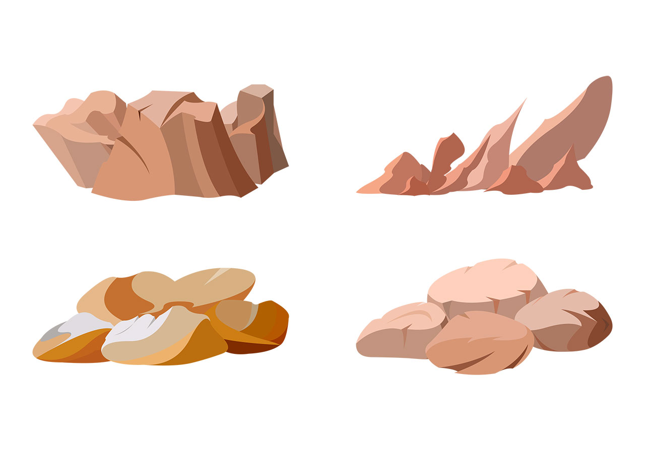 Sandstones, desert stones vector graphic. Set of brown sandstones, desert rocks vector graphic. Set of four distinct clusters of rocks, boulders vector graphic. Vector graphic with CC0 license, best for a variety of projects, including designs, animations, and more.