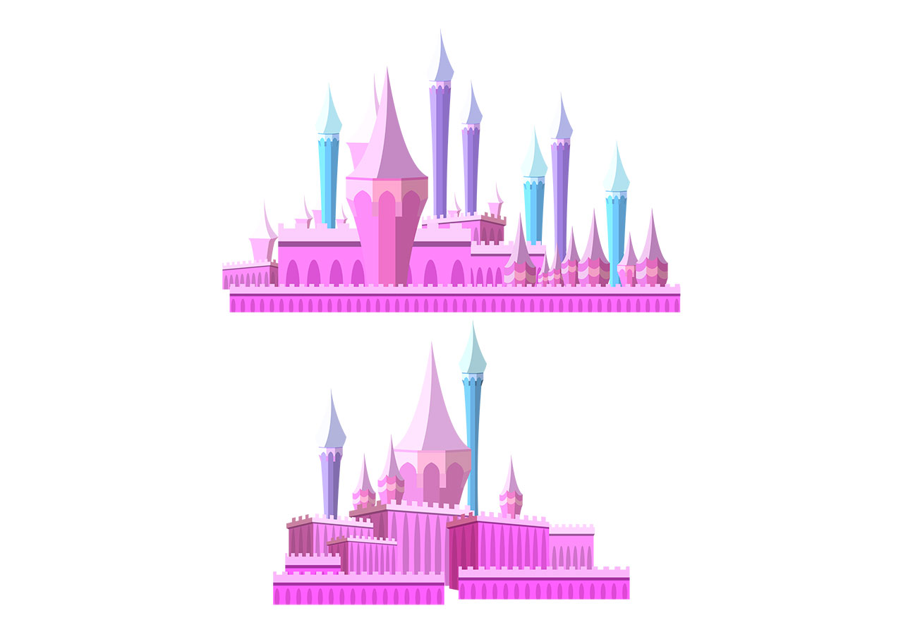 Simple castle, fort vector graphic. Simple pink castle, fort, palace vector graphic. Arabian night castle, palace vector graphic. Arabian palace, castle vector graphic. Two stylized, fantasy-inspired castles vector graphic. Vector graphic with CC0 license, best for a variety of projects, including designs, animations, and more.