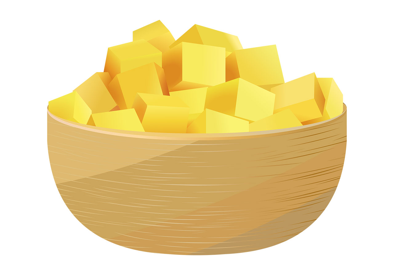 Sliced mangoes, fruits vector graphic. Generous serving of diced mango, filling a bowl to its brim and slightly overflowing vector graphic. Vector graphic with CC0 license, best for a variety of projects, including designs, animations, and more.