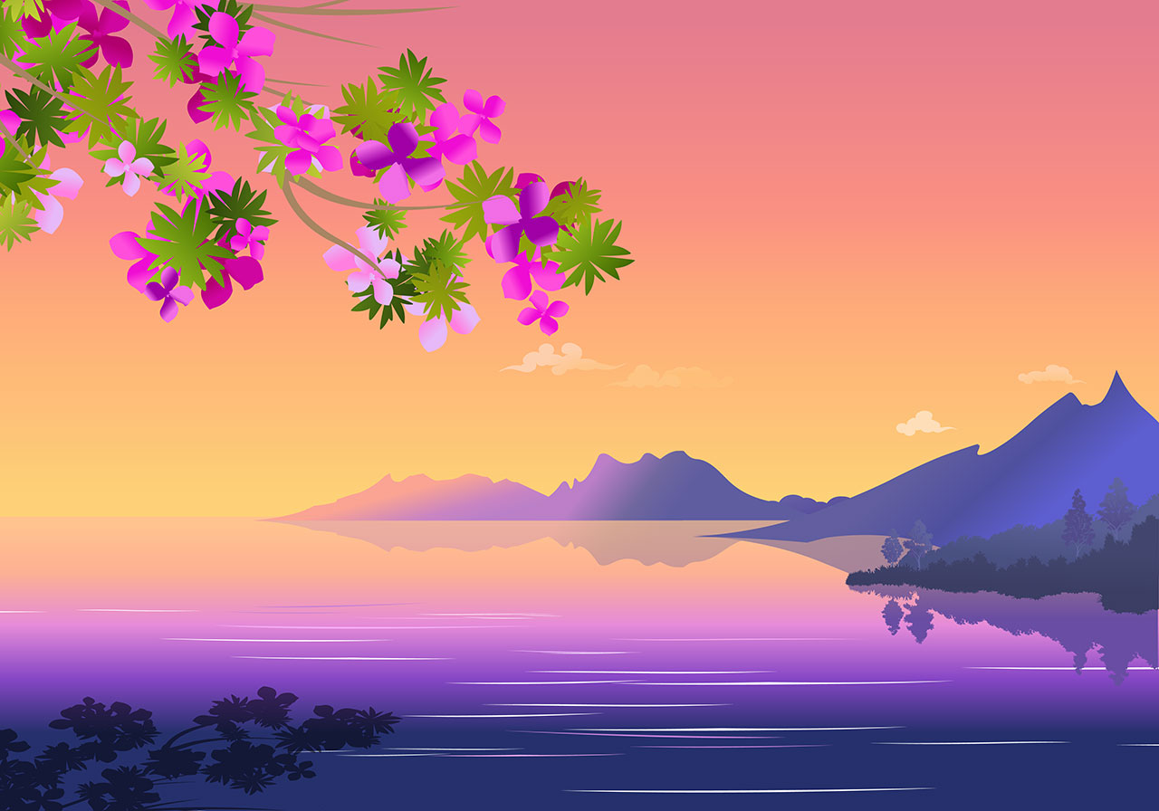 Sunset, lake, mountain landscape vector graphic. Beautiful sunset over mountain and lake vector graphic. Stunning lake in sunset vector graphic. Stunning landscape vector graphic. Vector graphic with CC0 license, best for a variety of projects, including designs, animations, and more.