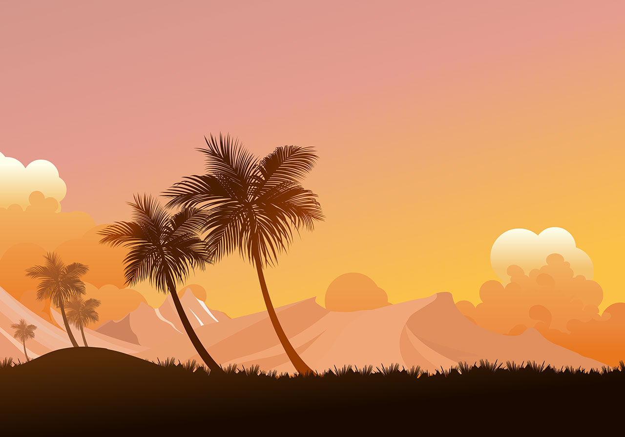Sunset over hill landscape vector graphic. Mountain, hill, peak vector graphic. Landscape designed to evoke a sunset or sunrise over a warm climate vector graphic. Vector graphic with CC0 license, best for a variety of projects, including designs, animations, and more.