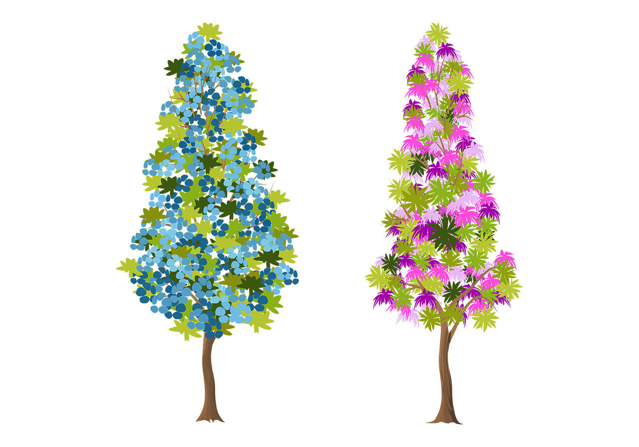 Tall flowering trees vector graphic. Set of tall flowering trees, plant vector graphic. One tree is densely covered in small, round, sky-blue blossoms interspersed with pointed green leaves, and another is adorned with brightly colored, star-shaped leaves in shades of magenta, purple, and lime green vector graphic. Vector graphic with CC0 license, best for a variety of projects, including designs, animations, and more.
